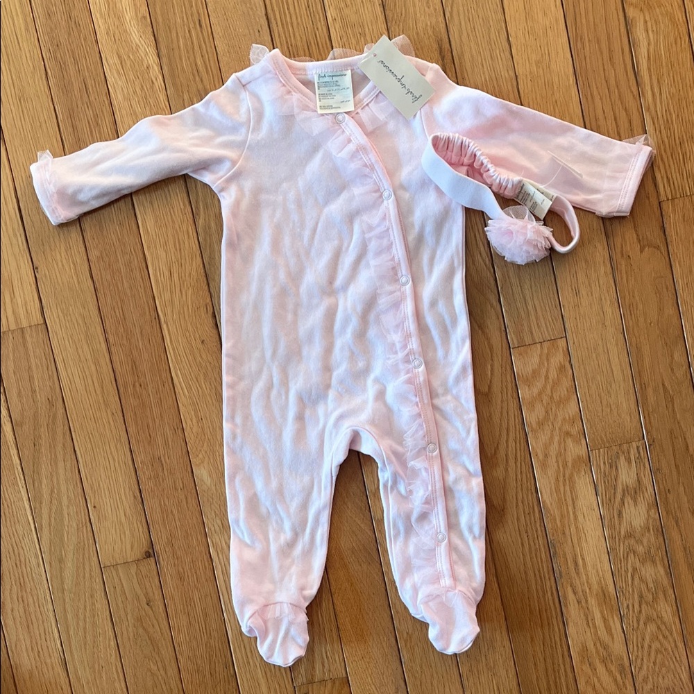 100% cotton pink long sleeve footed onesie with matching headband